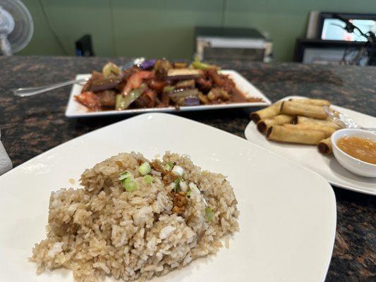 Garlic Fried Rice, Crispy Pork Binagoongan, egg roll