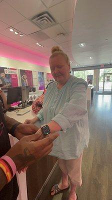 Cedric helping my MIL put on her new Apple Watch for the first time everrrrrr