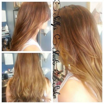 medium brown base with a honey blonde balayaging ombre