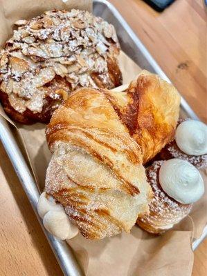 Almond croissant, caramel cream cruffin, cropuffs