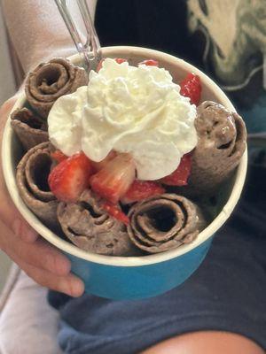 Chocolate w/reeces, strawberries and whipped cream