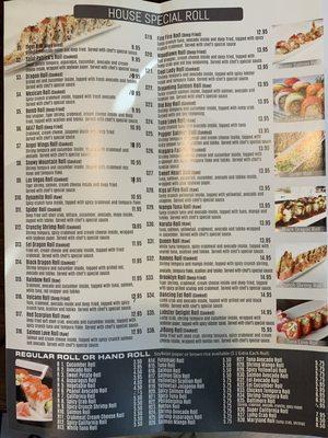 Menu of their specialty & regular rolls