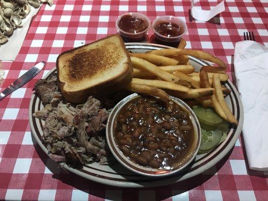 BBQ Pork and Brisket Plate with Baked Beans and Fries