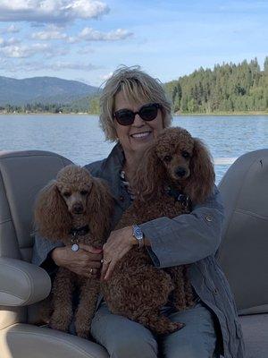 Mickey and Buddy in the pontoon boat.