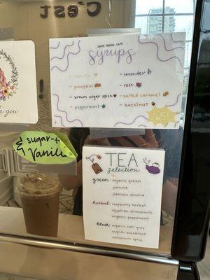 Flavored syrups for lattes, and tea options