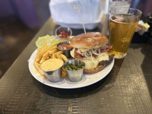 Angry Burger with grilled onions and fried egg added, jalapeños on the side = epic!