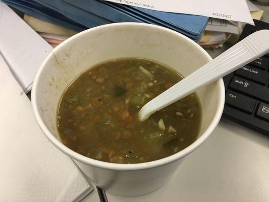 Lentil soup. Good but a little too much pepper.