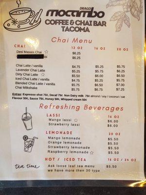 Chai & Refreshing Beverages Menu