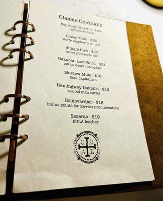 Drinks menu