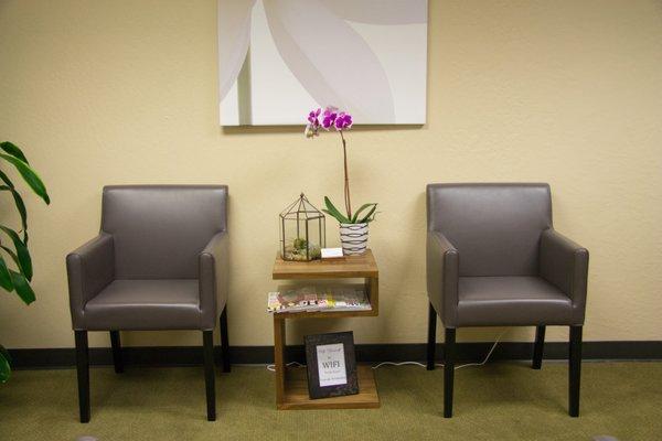 Tea, water, and healthy snacks provided in reception area.