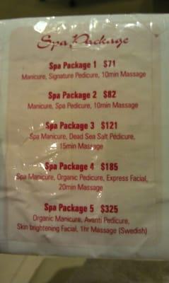 Spa package menu