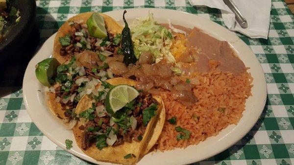 Street tacos X 3 carne asada style w/rice and beans