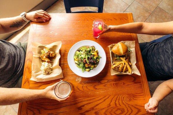 Luau Salad, Huli Huli Wings, Beck's Crab Cake, and the House Margarita