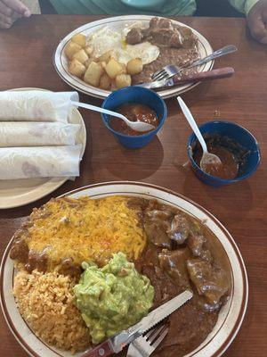 Enchiladas homemade tortillas potato's eggs beef and green chili