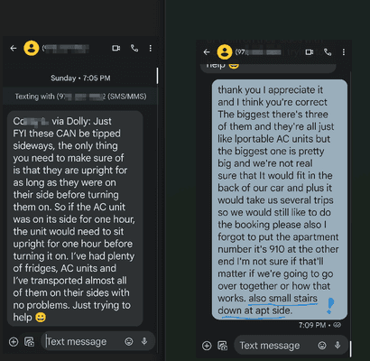 text message BEFORE job where stairs were mentioned (screenshot on left then scrolled down and screenshot again shown on right)