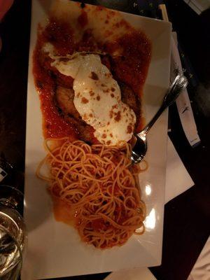 Eggplant parm, on bed of linguine