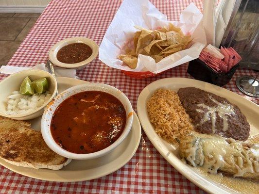 Menudo served everyday! With Bread!! Chile relleno was perfect with no sauce.