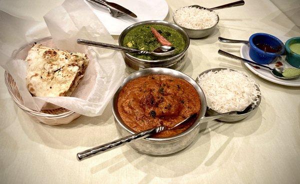 Garlic Nan, Saag Paneer, Chicken Tikka Masala.