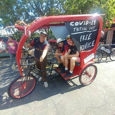 The guy behind the handlebars is the guy that claimed to know what he was doing and said he worked on pedicabs before.