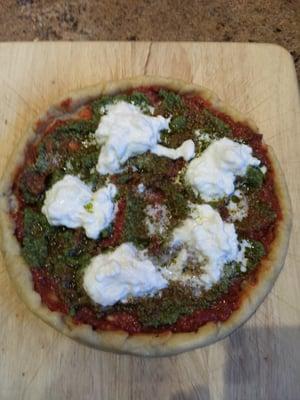 Meat sauce, pesto, burrata on an Amazing Vicolos crust