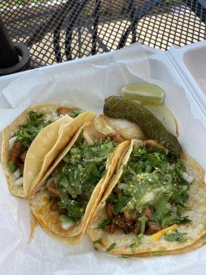 Three Al Pastor (Marinated Pork) tacos.  My favorite Al Pastor in the West End.  [GF]