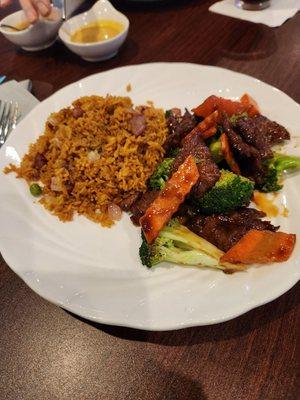 Beef and brocolli with fried rice.