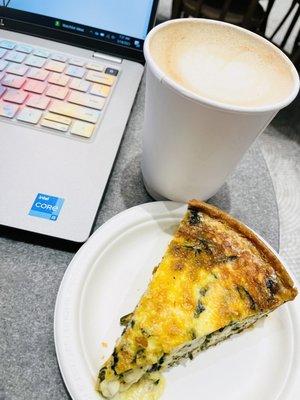 Vanilla oat latte and vegetable quiche.