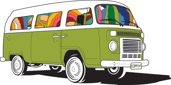 Ecoprint started as a press bolted to the floor of an old school bus, which is the inspiration for our logo.