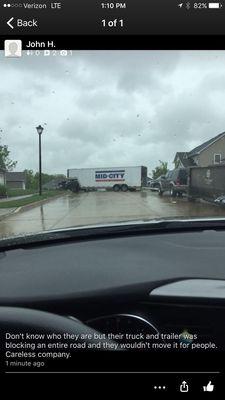 Their workers blocked an entire roadway in Columbia with their truck and trailer. Reckless, careless extremely unprofessional