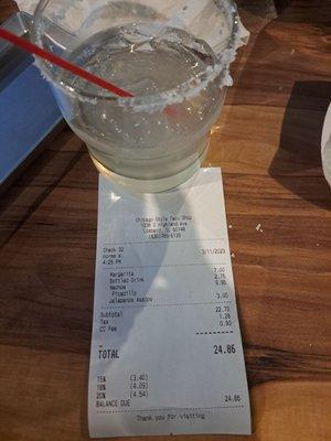 Margarita in rocks glass and reciept!