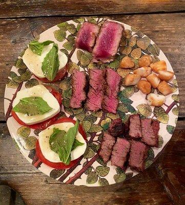 ahi, steak, and smoked scallops