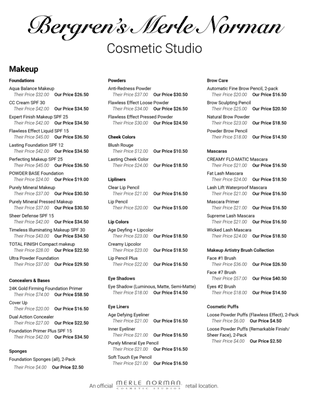 Current price sheet for Merle Norman Cosmetics.