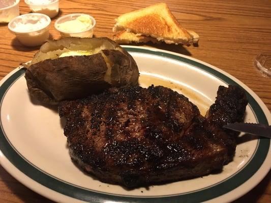 Smoked baked potato and perfect mid-rare ribeye