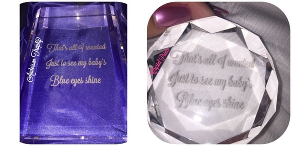 Comparison of items I purchased (sellers tagged, respectively) crystal puck has 3D engraved lyrics; precisely desired gift!