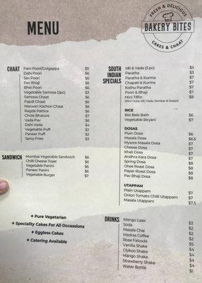 Bakery Bites Menu