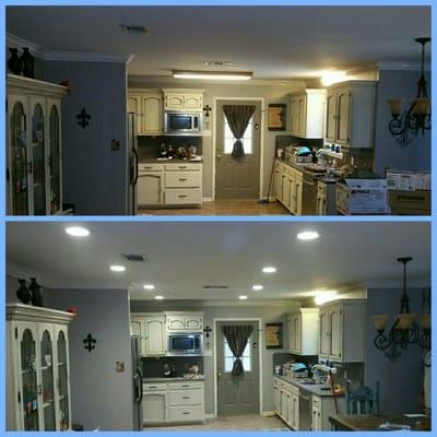 This is a before  and of a kitchen lighting upgrade