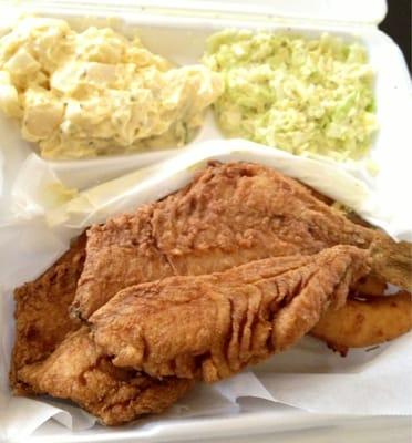 Fried porgy with potato salad and cole slaw.  $6