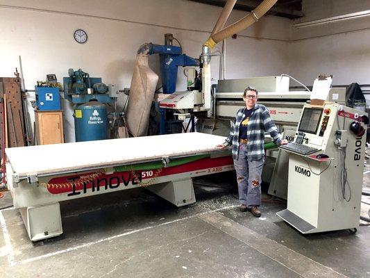 Rachel and the CNC machine with the 5' x 10' bed.