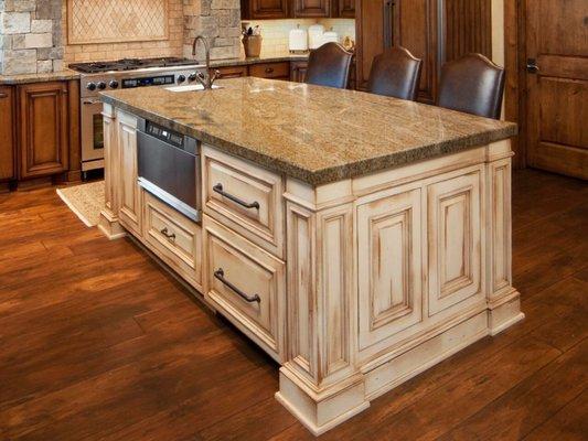 EXOTIC GRANITE WITH  PURE WOOD PAINTED HANDMADE CABINETS.