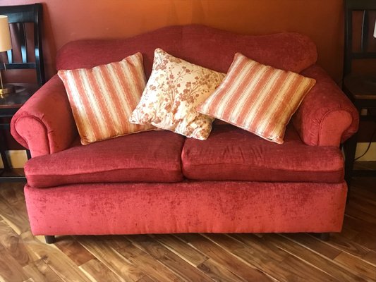 Reupholstered Love Seat with Custom Throw Pillows