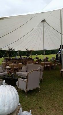 Sailcloth Tent with French Antiqued Sofas and Cross Back chairs