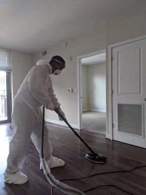 Using our high pressured steamed mop to disinfect and clean floors