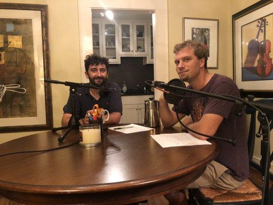 Recording a podcast in the dining room