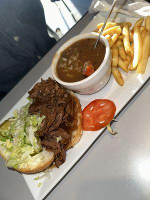 Roast beef po boy with gumbo and fries