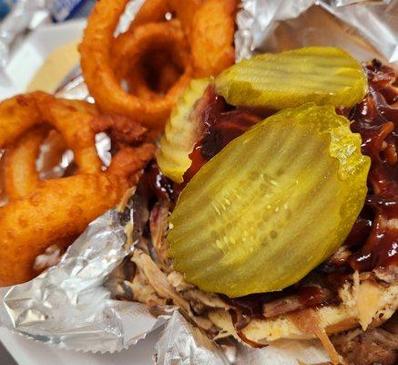 Pulled Pork Sandwich with Onion Rings