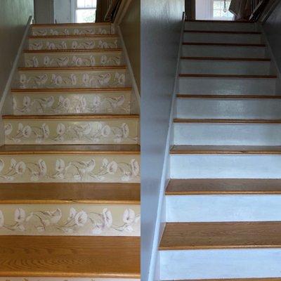 Outdated staircase.  Freshly painted risers, so inviting!