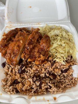 Honey Glazed BBQ Chicken, Steamed Veggie (Cabbage) with Rice & Peas