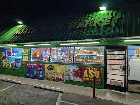 The outside of the liquor store. The restaurant is inside.