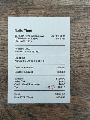 Receipt for charges for French tip acrylic nails and pedi