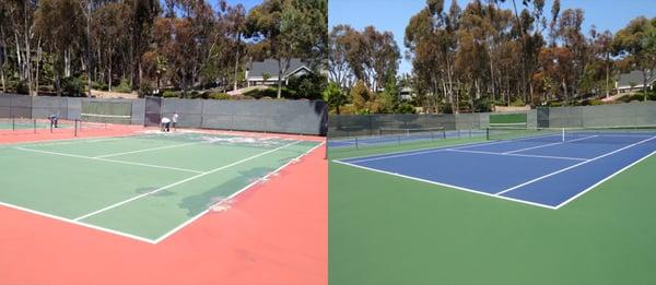 Before and After. Match Point Tennis Court in Rancho Santa Fe, CA. 
Tennis Court resurfacing and Maintenance